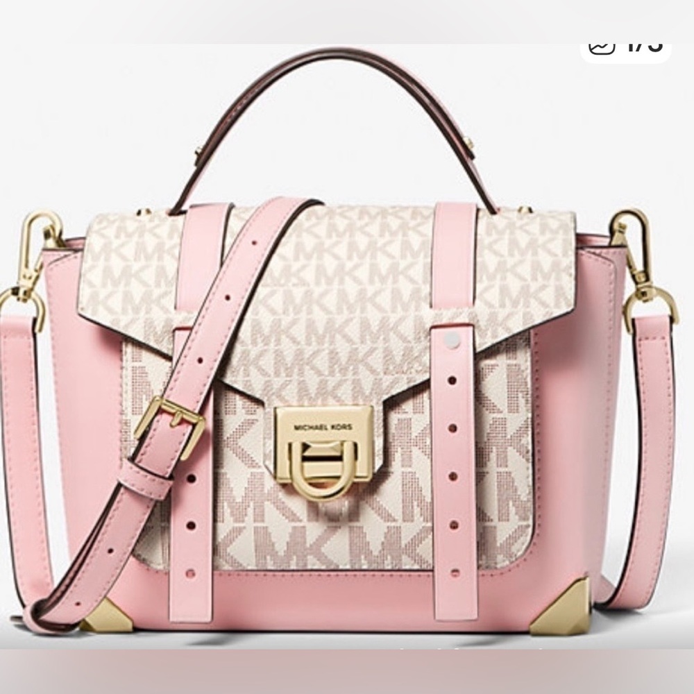 NWOT Michael Kors Manhattan Medium Leather Logo Satchel Powder Blush